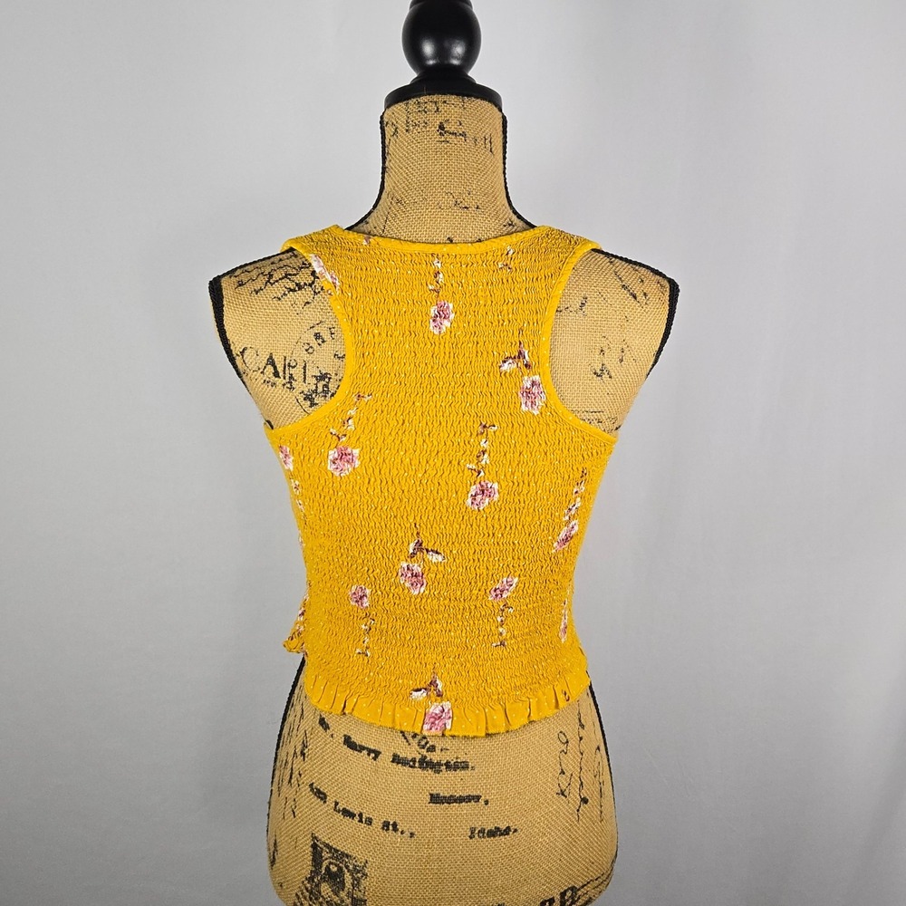 Japna Womens Smocked Floral Tank Large Mustard Yellow Boho Ruffle Peasant Top - Picture 3 of 8
